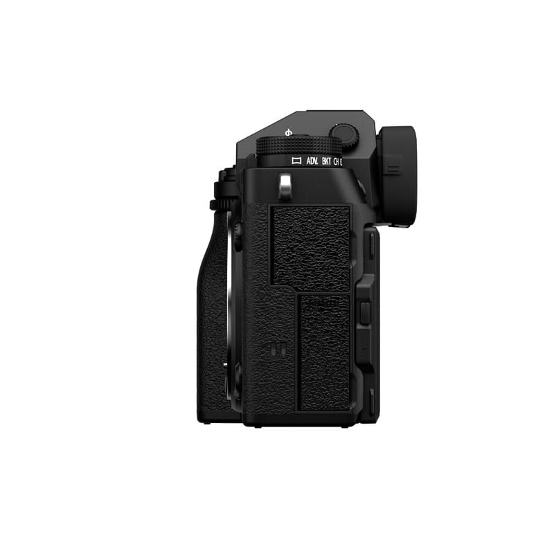 Schwarzes Fujifilm X-T5 Gehäuse, seitliche Ansicht, kompakt und robust.