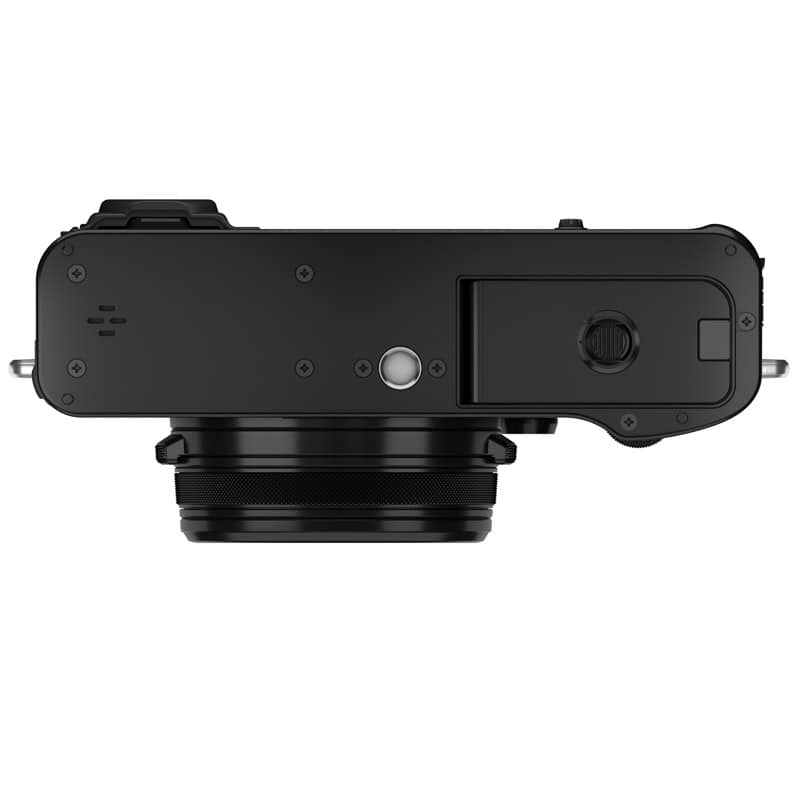Fujifilm X100VI schwarz Unterseite Unterseite der Fujifilm X100VI Kamera in Schwarz, Detailaufnahme.