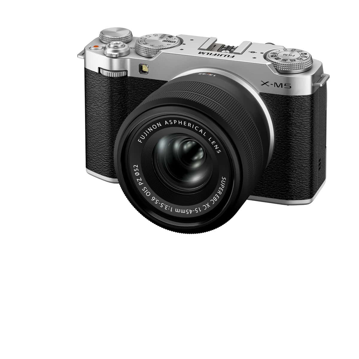 Fujifilm X-M5 spiegellose Kamera mit 15-45mm Objektiv in Silber.