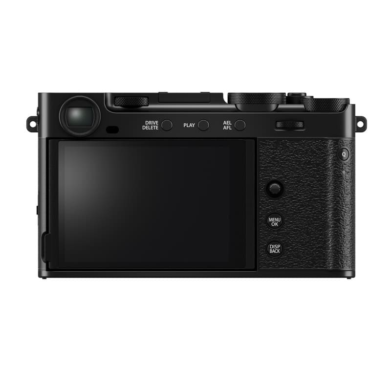 Fujifilm X-E5 Kamera mit schwarzem Gehäuse und LCD-Bildschirm.