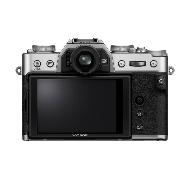 Fujifilm X-T30 III Gehäuse in Silber, Rückansicht mit Display und Bedienelementen.